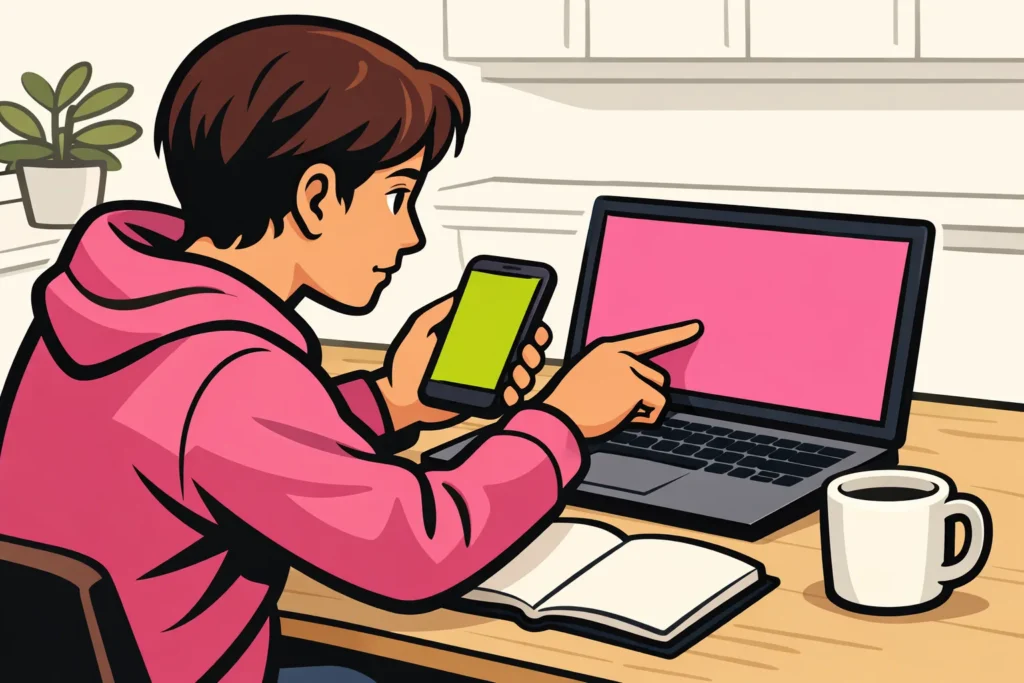 Persoon aan een keukentafel die een link op een telefoon en laptop controleert.