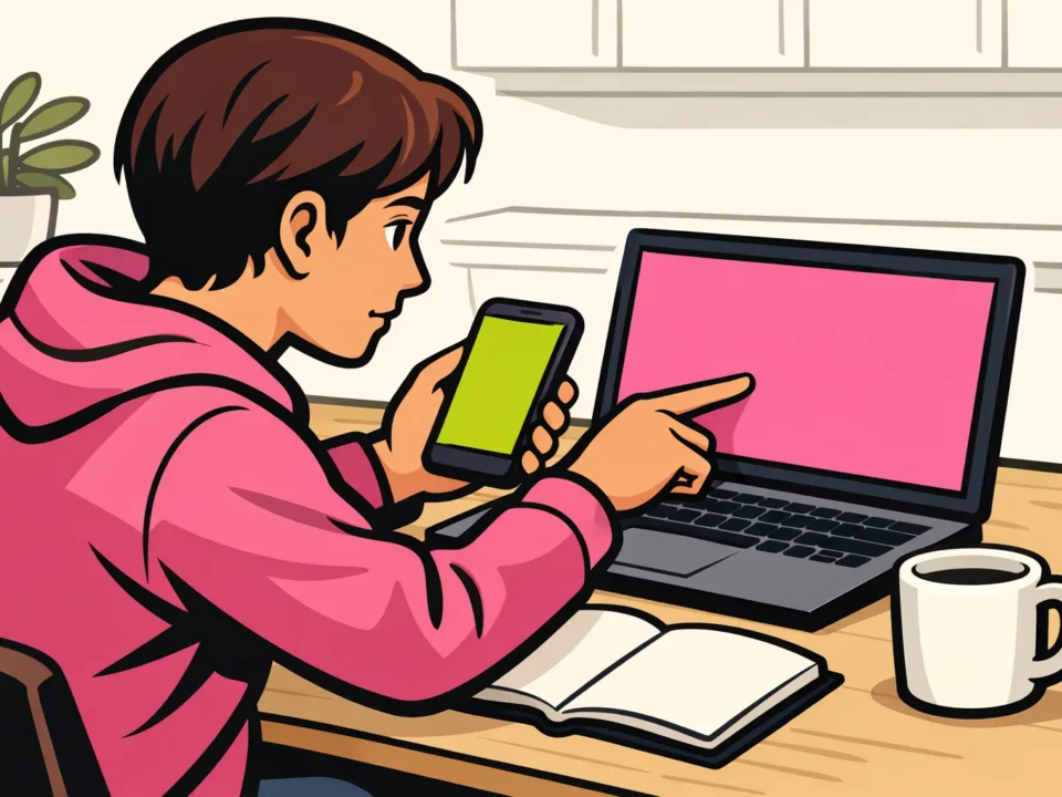 Persoon aan een keukentafel die een link op een telefoon en laptop controleert.