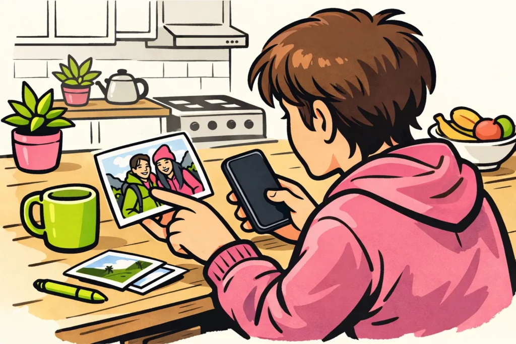 Persoon bekijkt een telefoon naast een foto van vrienden om iemand op Instagram te taggen.