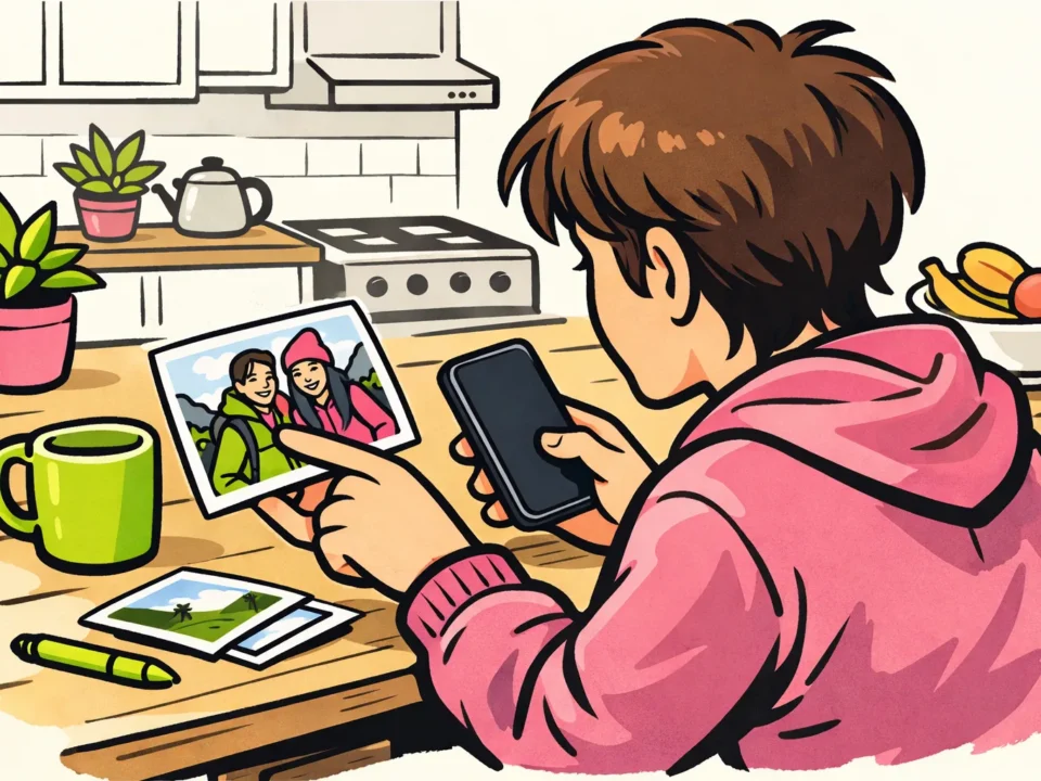 Persoon bekijkt een telefoon naast een foto van vrienden om iemand op Instagram te taggen.