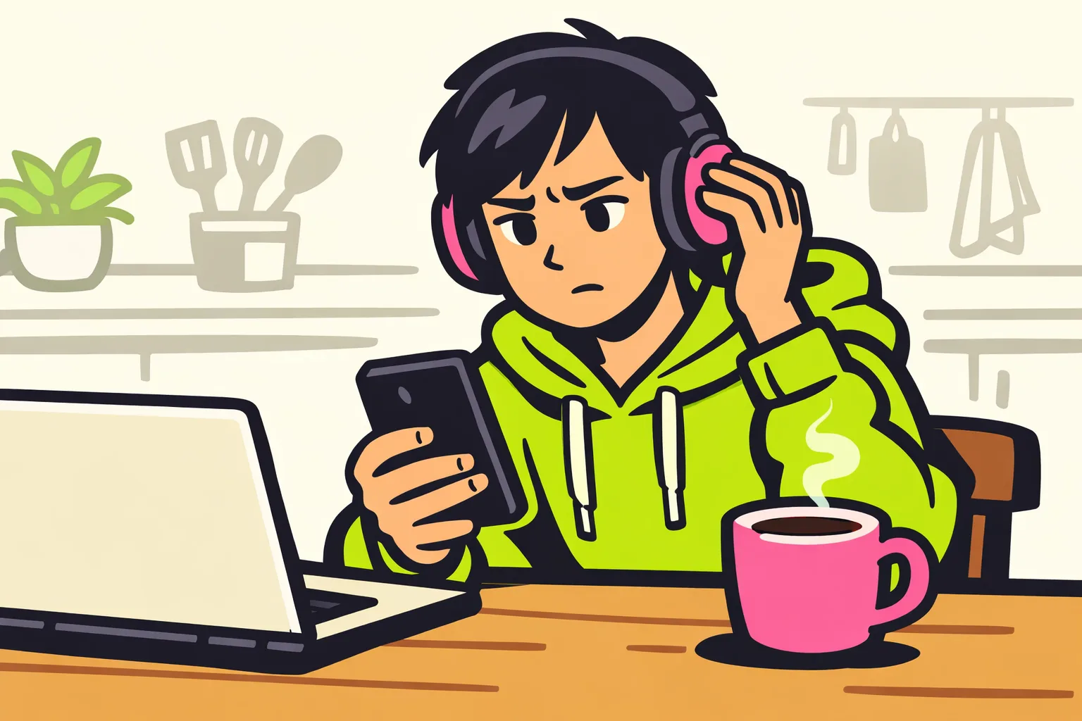 Persoon aan de keukentafel controleert met een telefoon en koptelefoon waarom muziek niet hoorbaar is.