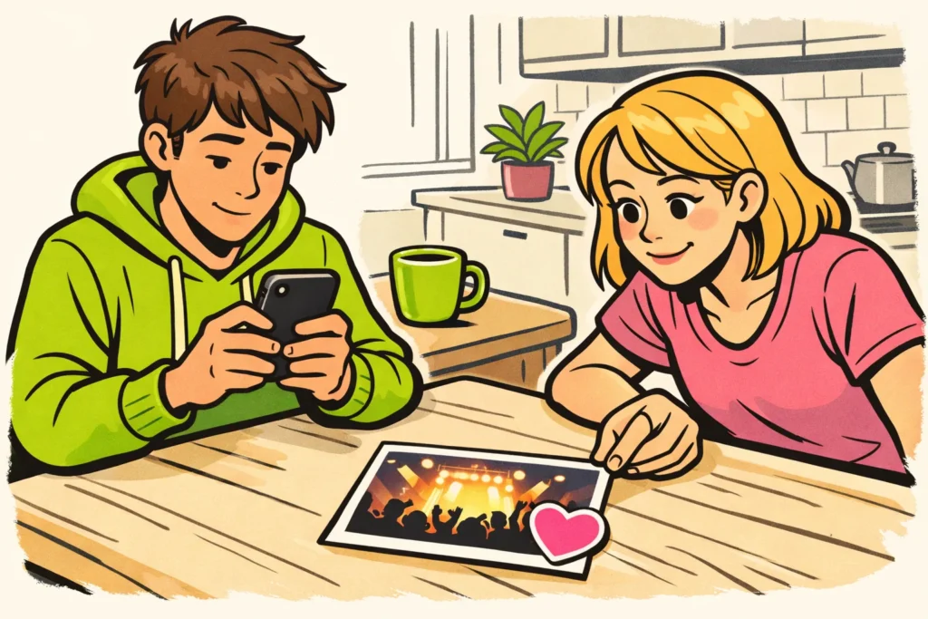 Twee personen bekijken dezelfde concertfoto met een hartje, als illustratie van een zichtbare Instagram like.