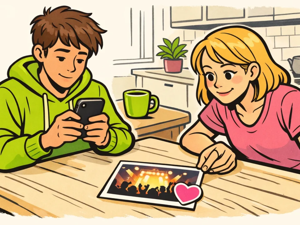 Twee personen bekijken dezelfde concertfoto met een hartje, als illustratie van een zichtbare Instagram like.