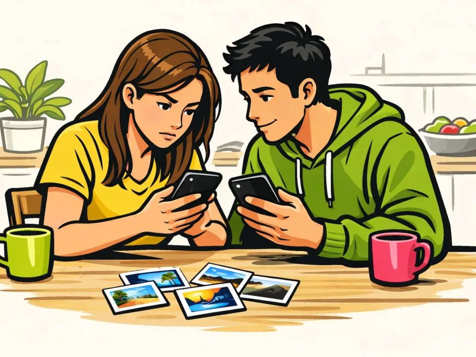 Twee personen vergelijken hun telefoons om te controleren of Instagram highlights zichtbaar zijn.