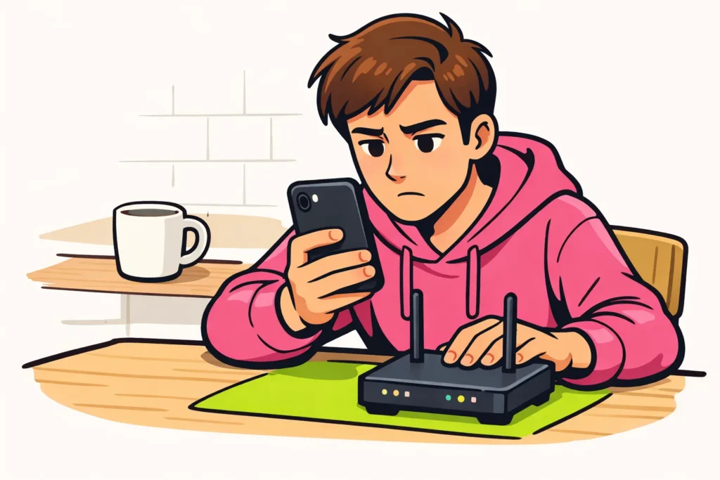 Persoon controleert een smartphone naast een router omdat een Instagram bericht niet verstuurt.