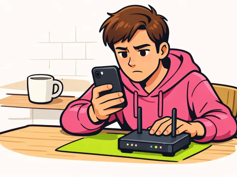 Persoon controleert een smartphone naast een router omdat een Instagram bericht niet verstuurt.