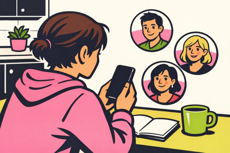 Persoon bekijkt een smartphone met daarnaast geïllustreerde portretten van voorgestelde bekenden.