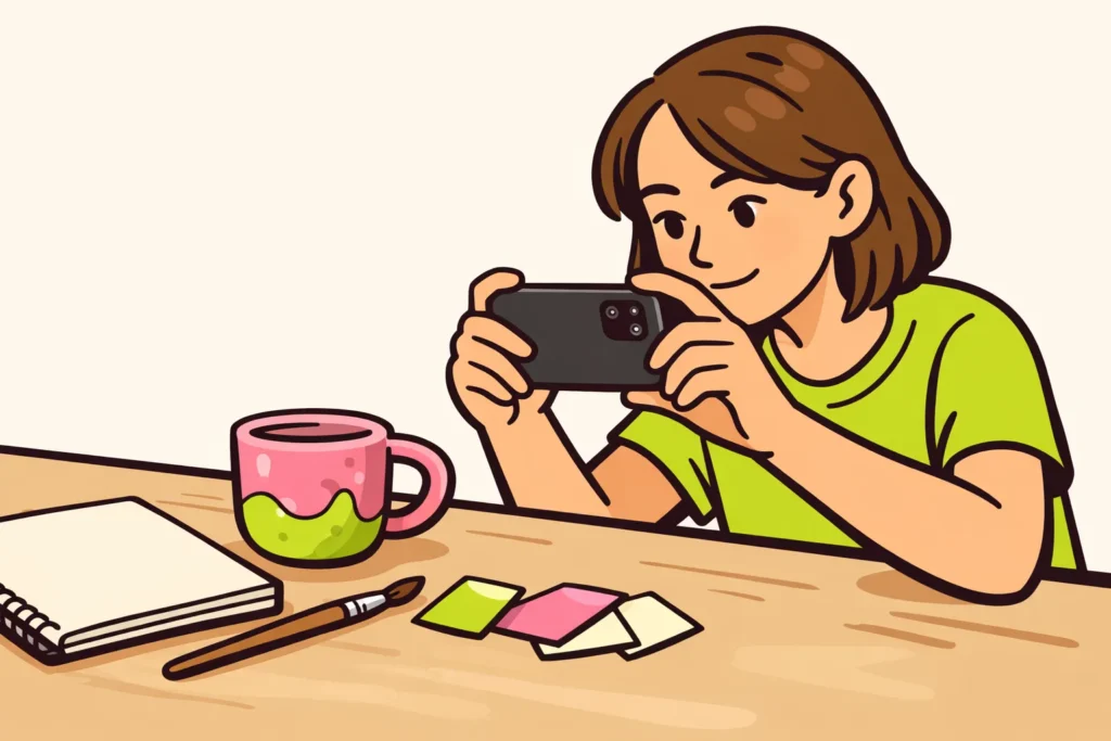 Persoon fotografeert een zelfgemaakte keramieken mok om het werk op Instagram te delen.