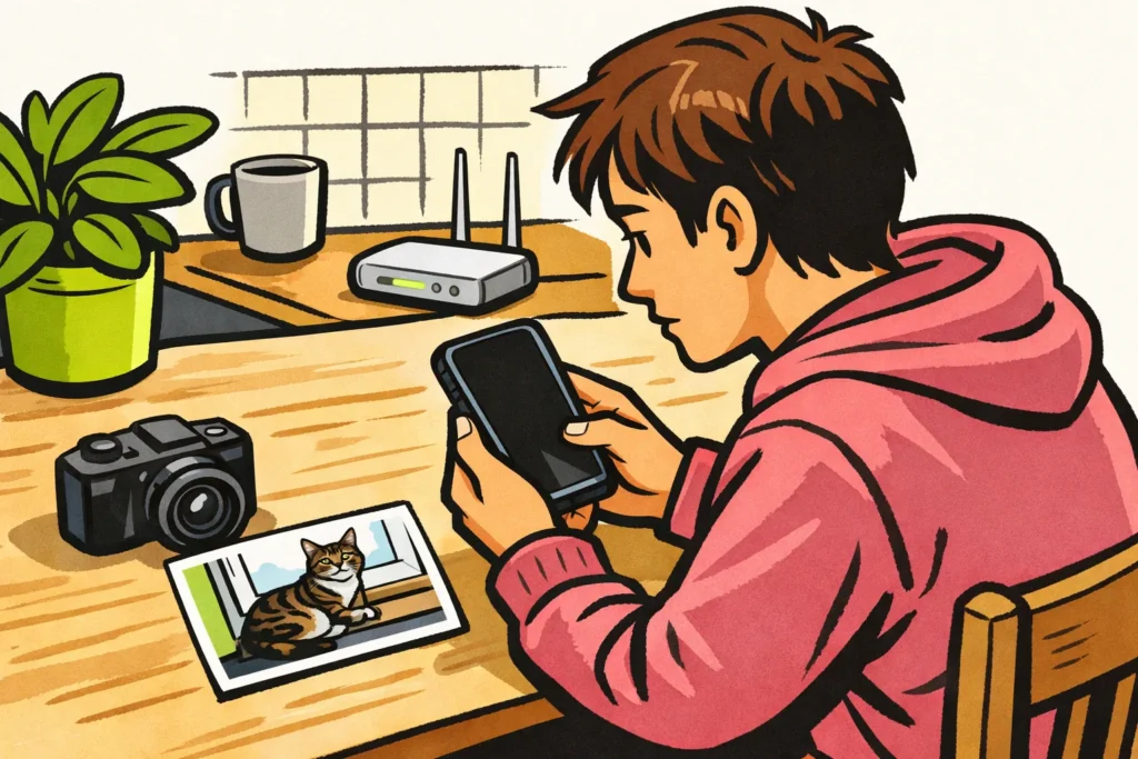 Persoon controleert een smartphone aan de keukentafel omdat een Instagram verhaal niet kan worden geplaatst.