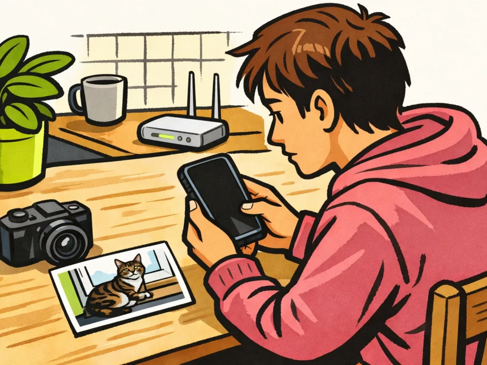 Persoon controleert een smartphone aan de keukentafel omdat een Instagram verhaal niet kan worden geplaatst.