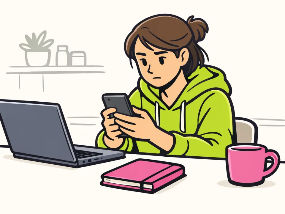 Persoon controleert een telefoon naast een laptop omdat de Instagram verificatiecode niet aankomt.