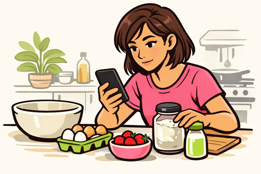 Persoon bekijkt een smartphone tijdens het klaarzetten van ingrediënten voor een recept.