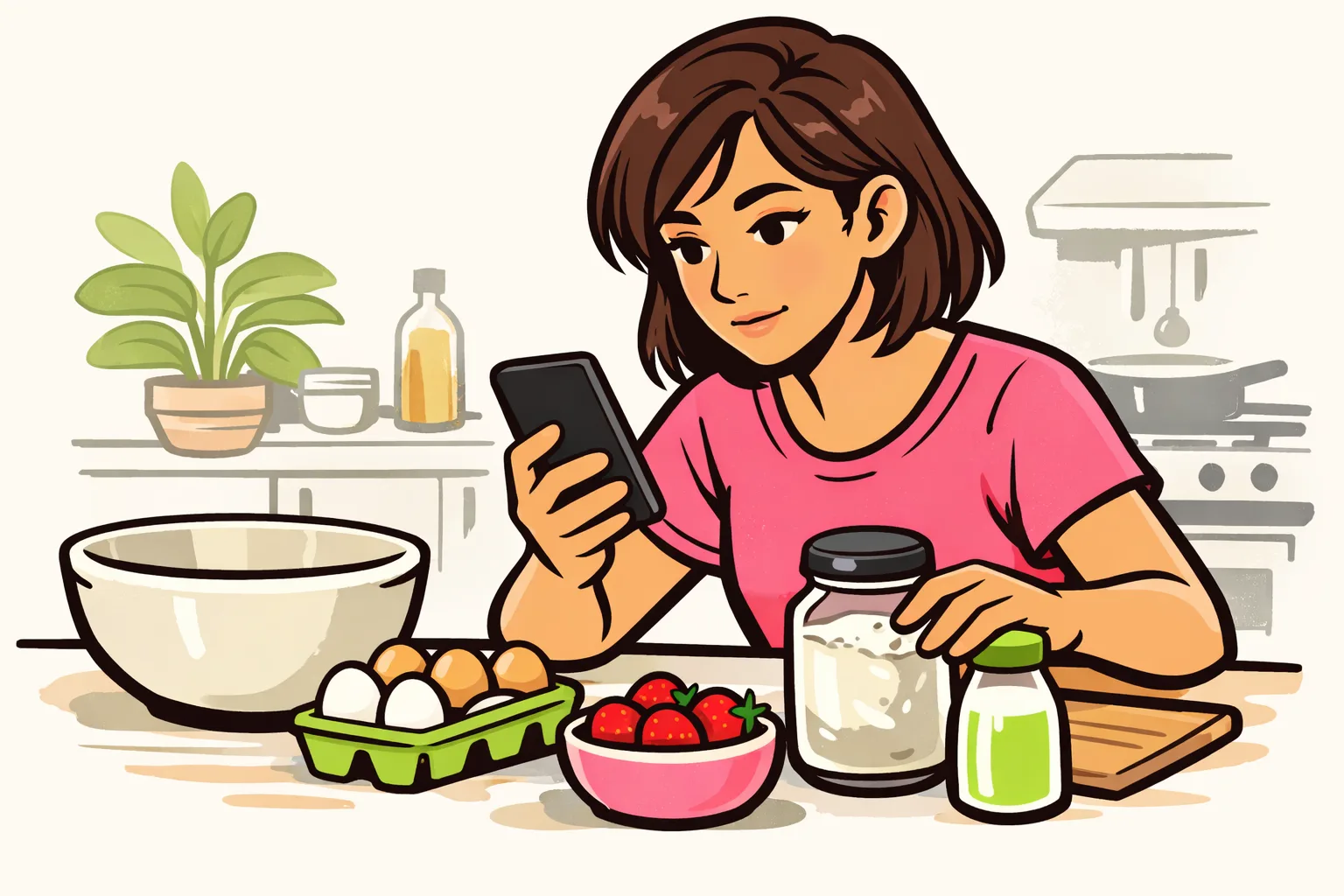 Persoon bekijkt een smartphone tijdens het klaarzetten van ingrediënten voor een recept.