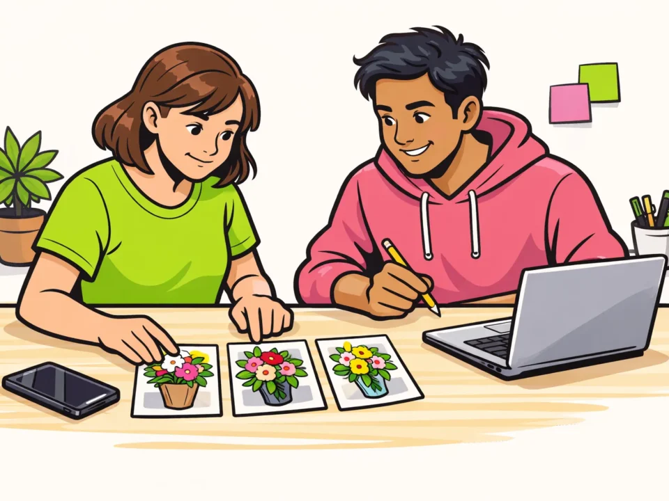 Twee collega's controleren samen drie beelden voor een geplande reeks Instagram Stories.