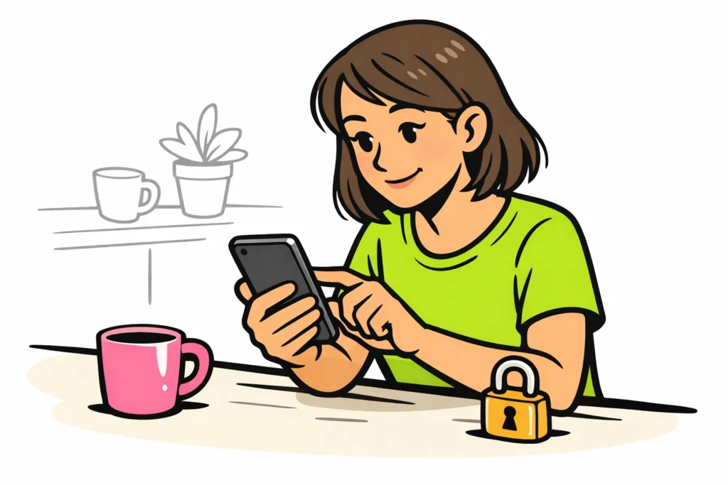 Persoon bekijkt een smartphone aan tafel, met een hangslot als symbool voor blokkeren.