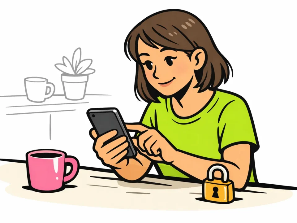 Persoon bekijkt een smartphone aan tafel, met een hangslot als symbool voor blokkeren.