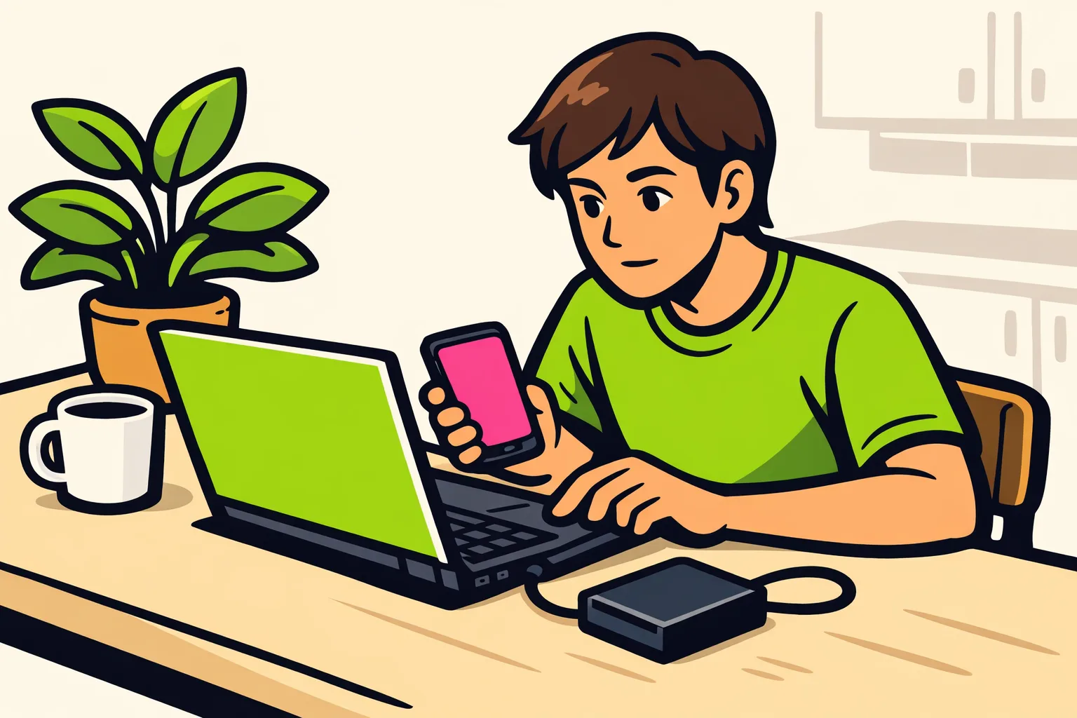 Persoon bewaart eigen video's van een telefoon op een laptop om ze ook buiten TikTok te hebben.
