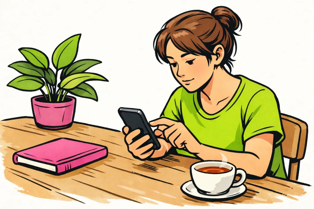 Persoon aan een keukentafel die op een telefoon kiest welke accounts op Instagram die wil blijven volgen.