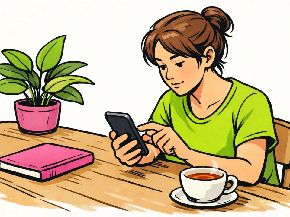 Persoon aan een keukentafel die op een telefoon kiest welke accounts op Instagram die wil blijven volgen.