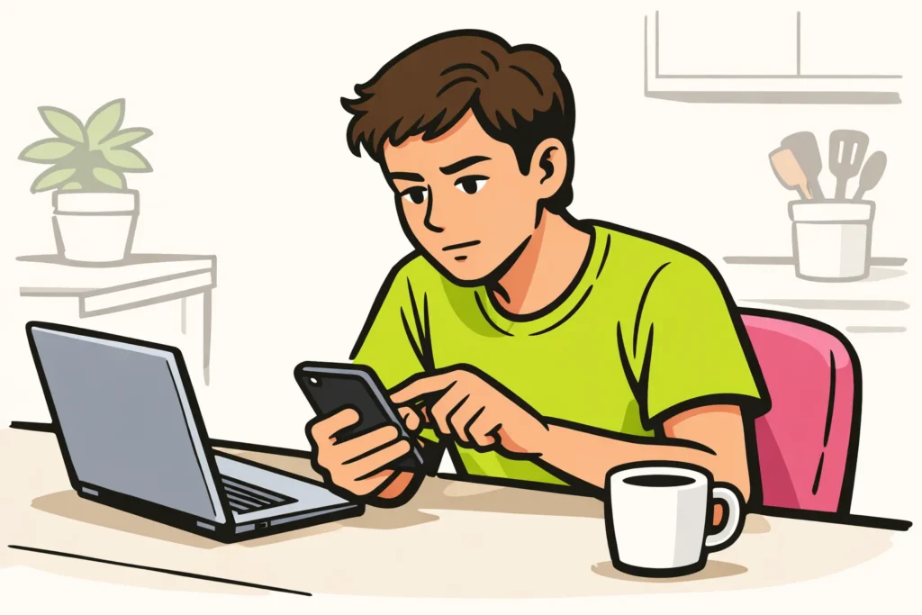 Persoon bekijkt een smartphone aan de keukentafel, met een open laptop ernaast.