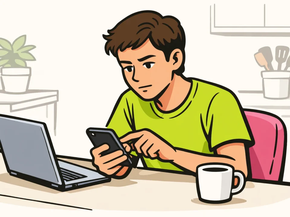 Persoon bekijkt een smartphone aan de keukentafel, met een open laptop ernaast.