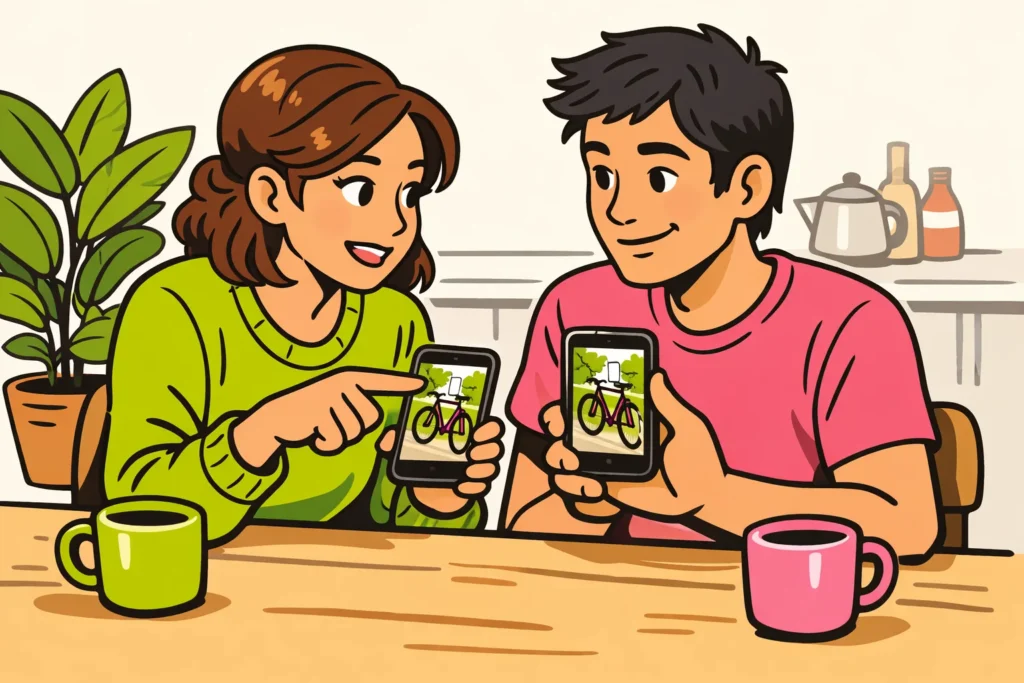 Twee personen vergelijken op hun telefoons of dezelfde foto zichtbaar is.