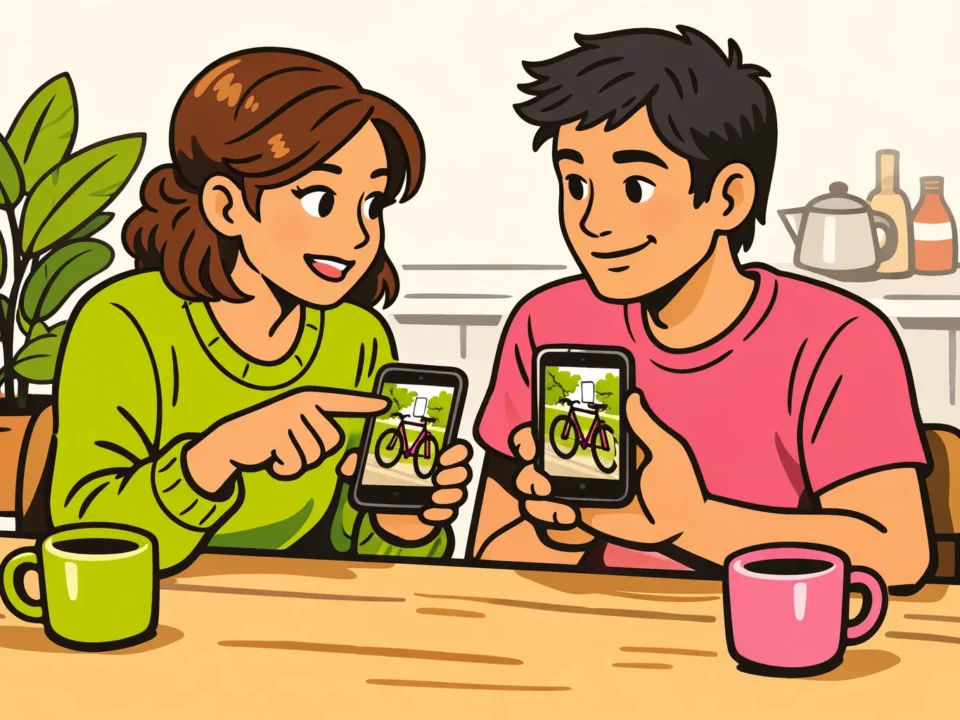 Twee personen vergelijken op hun telefoons of dezelfde foto zichtbaar is.