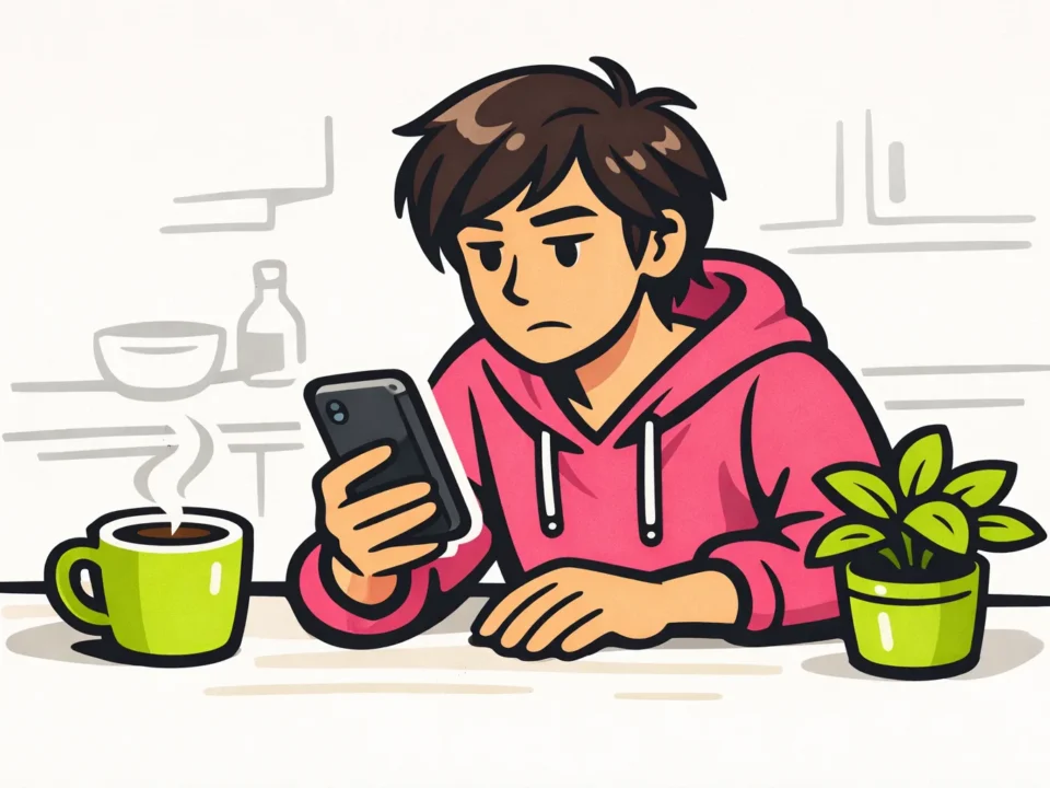 Persoon bekijkt een smartphone aan de keukentafel en pauzeert met tikken.