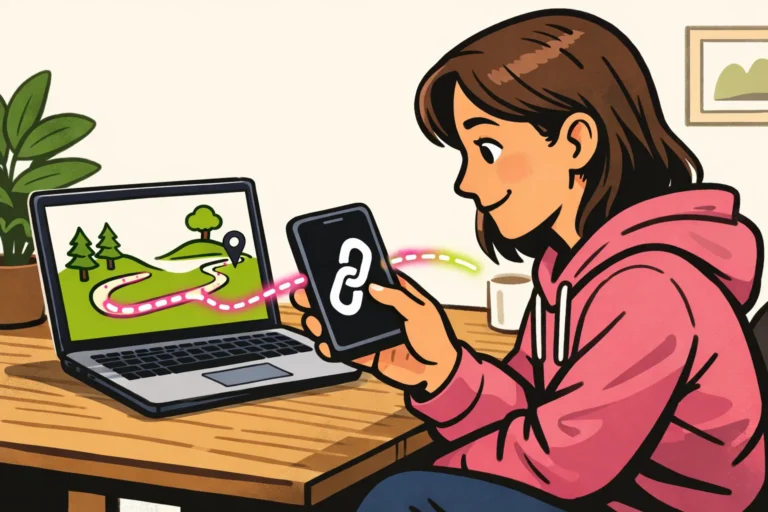 Persoon opent op een smartphone een link naar een wandelroute die op een laptop zichtbaar is.