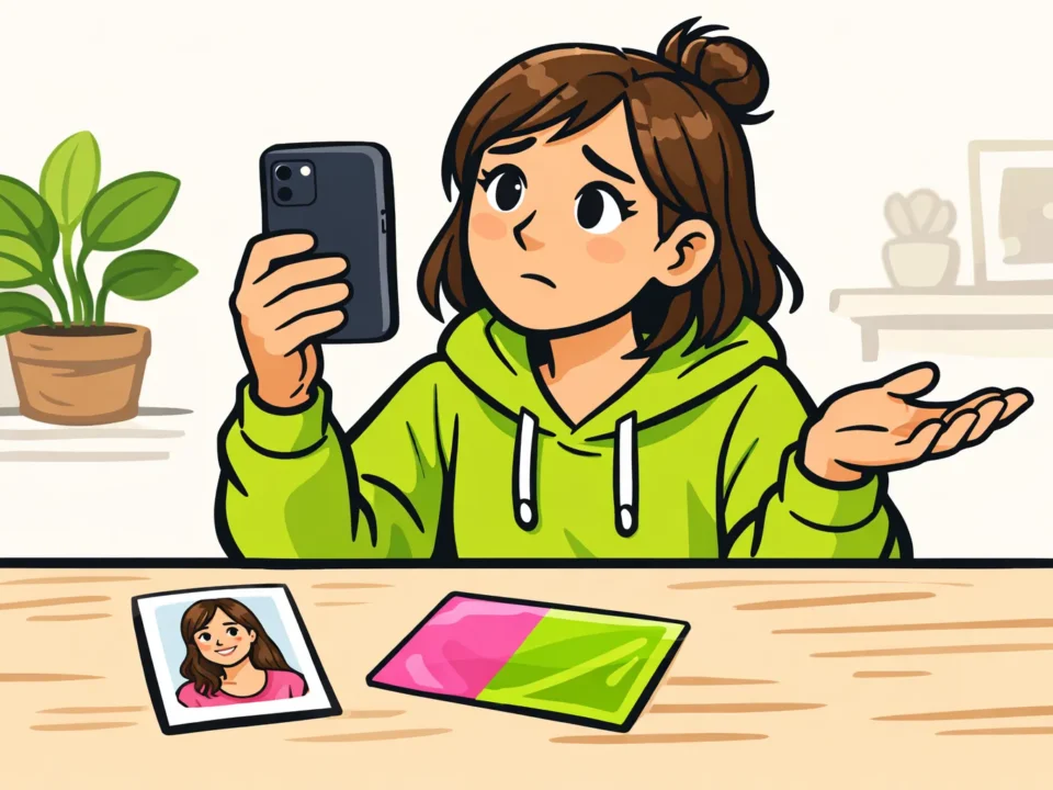 Persoon test met een smartphone een camera effect, met een portretfoto op tafel.
