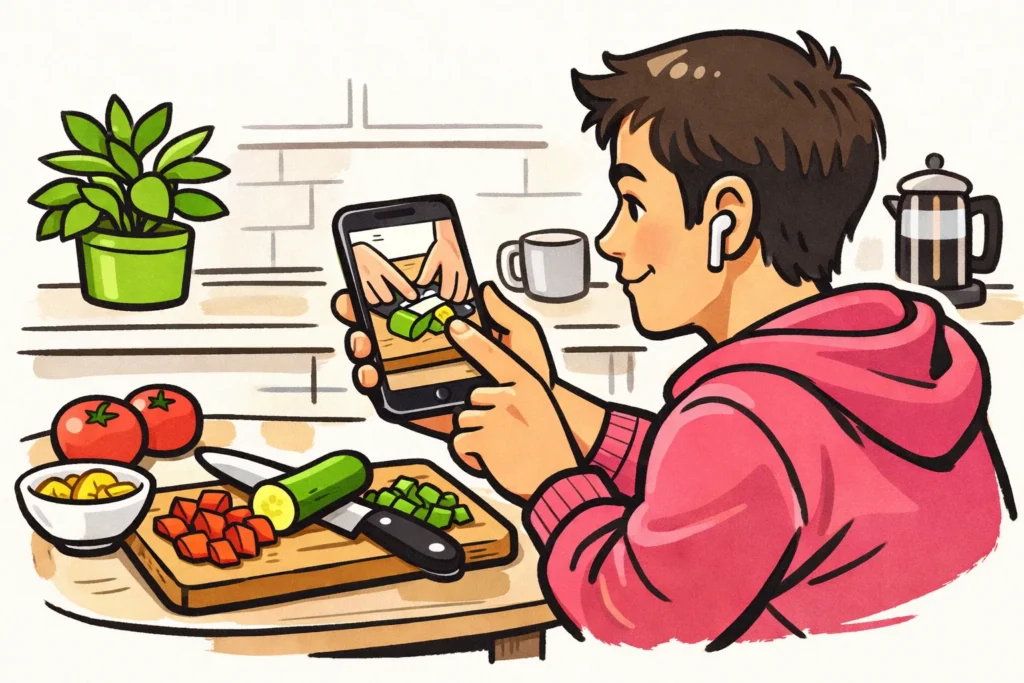 Persoon die een kookfilmpje op een smartphone vastlegt aan de keukentafel.