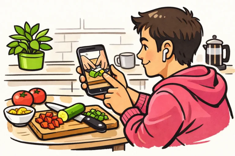 Persoon die een kookfilmpje op een smartphone vastlegt aan de keukentafel.