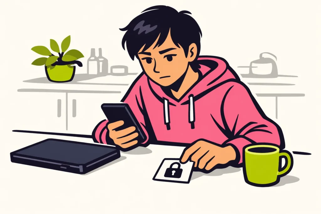 Persoon bekijkt een smartphone aan tafel met een kaartje met een hangslot ernaast.