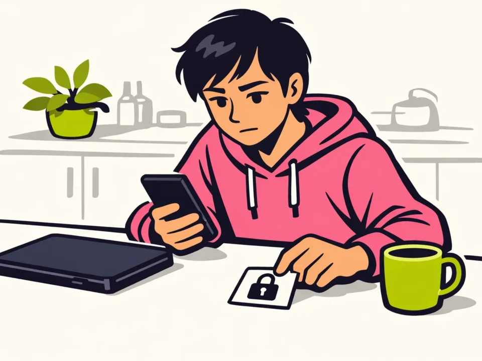 Persoon bekijkt een smartphone aan tafel met een kaartje met een hangslot ernaast.