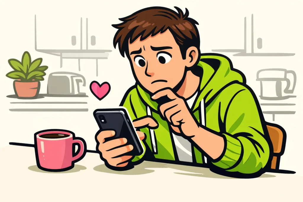 Persoon controleert een smartphone omdat het liken van een video niet lukt.