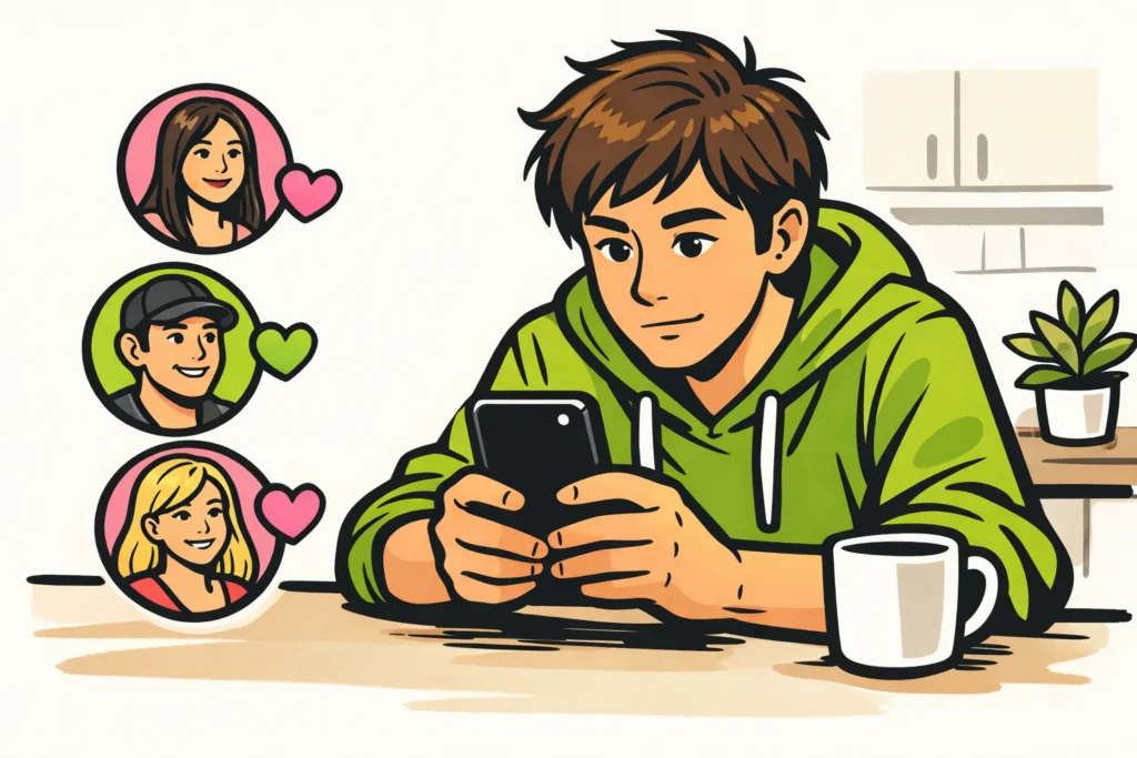 Persoon bekijkt een smartphone met daarnaast getekende portretjes en hartjes als verwijzing naar TikTok likes.