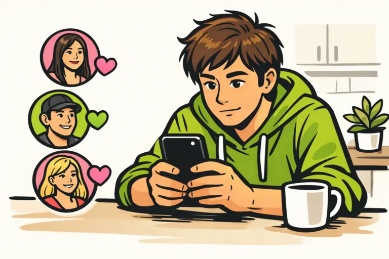 Persoon bekijkt een smartphone met daarnaast getekende portretjes en hartjes als verwijzing naar TikTok likes.