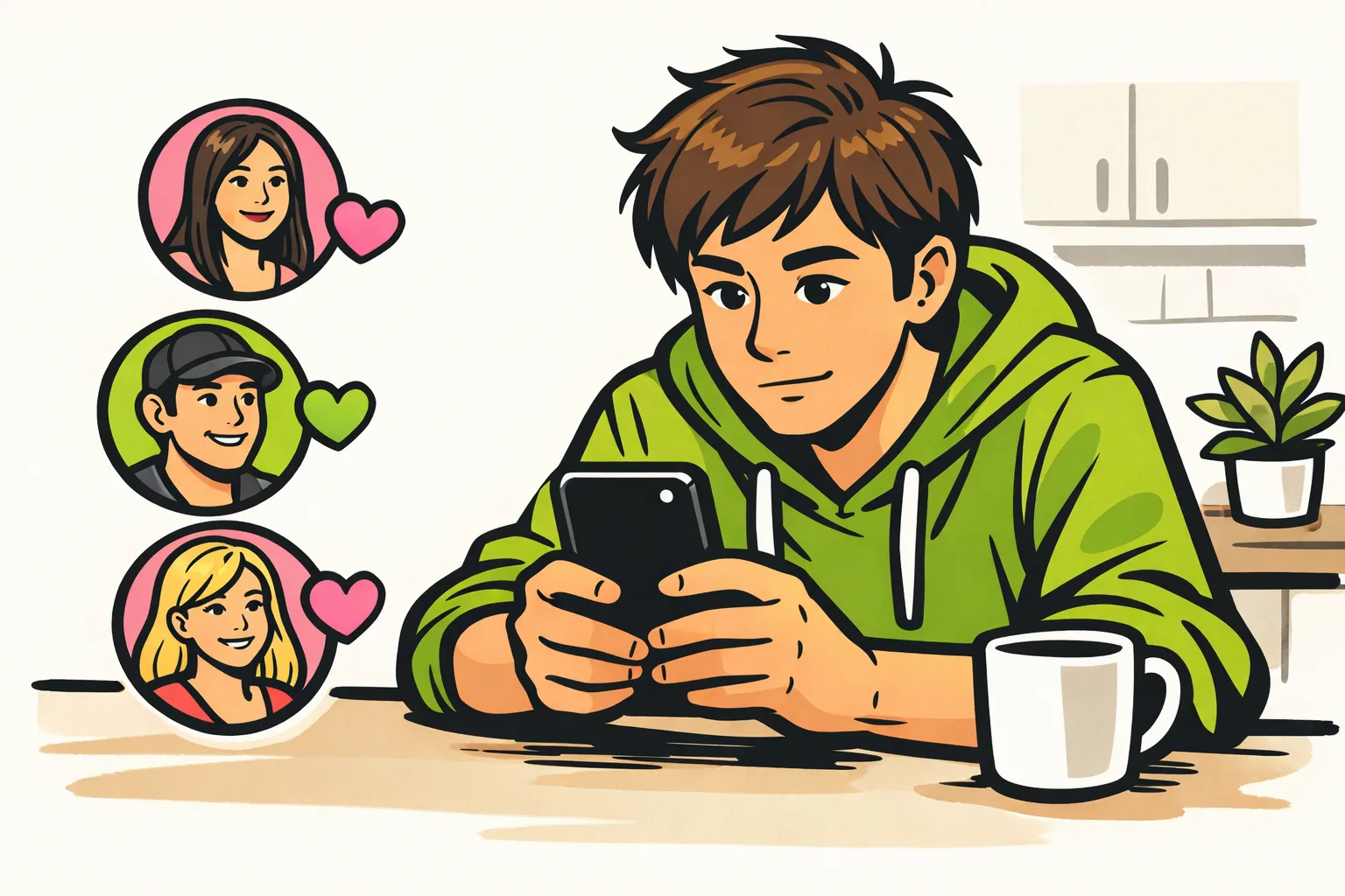 Persoon bekijkt een smartphone met daarnaast getekende portretjes en hartjes als verwijzing naar TikTok likes.