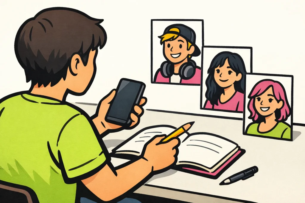 Illustratie van iemand die TikTok makers vergelijkt met een telefoon en notitieboek.
