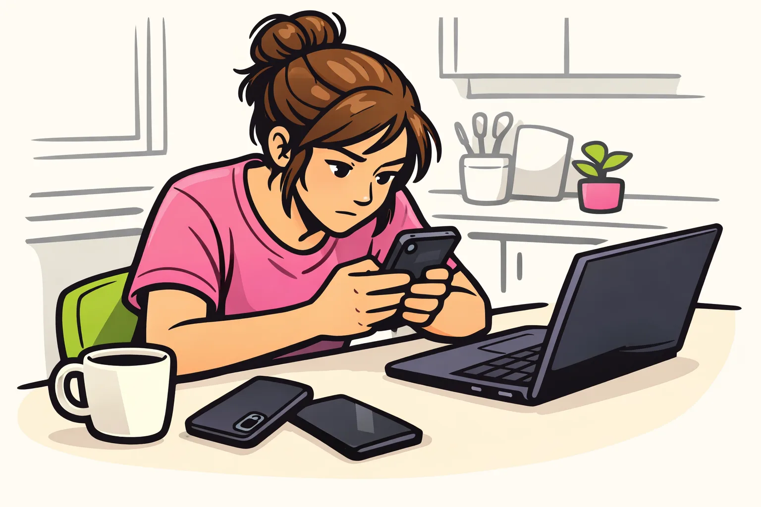 Persoon zoekt een TikTok concept op een telefoon, met een laptop en tweede telefoon op tafel.