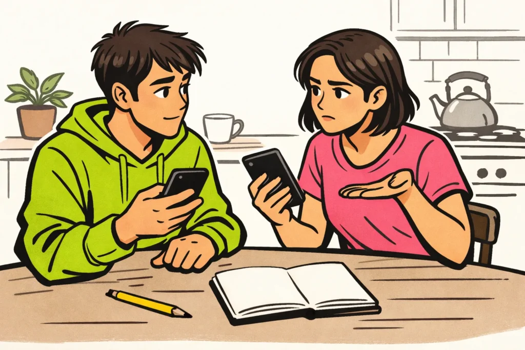 Twee mensen controleren aan tafel of een TikTok video op hun telefoons afspeelt.