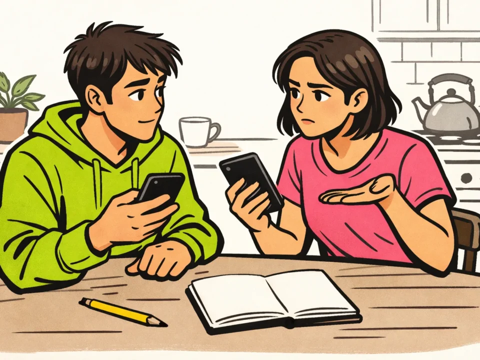 Twee mensen controleren aan tafel of een TikTok video op hun telefoons afspeelt.