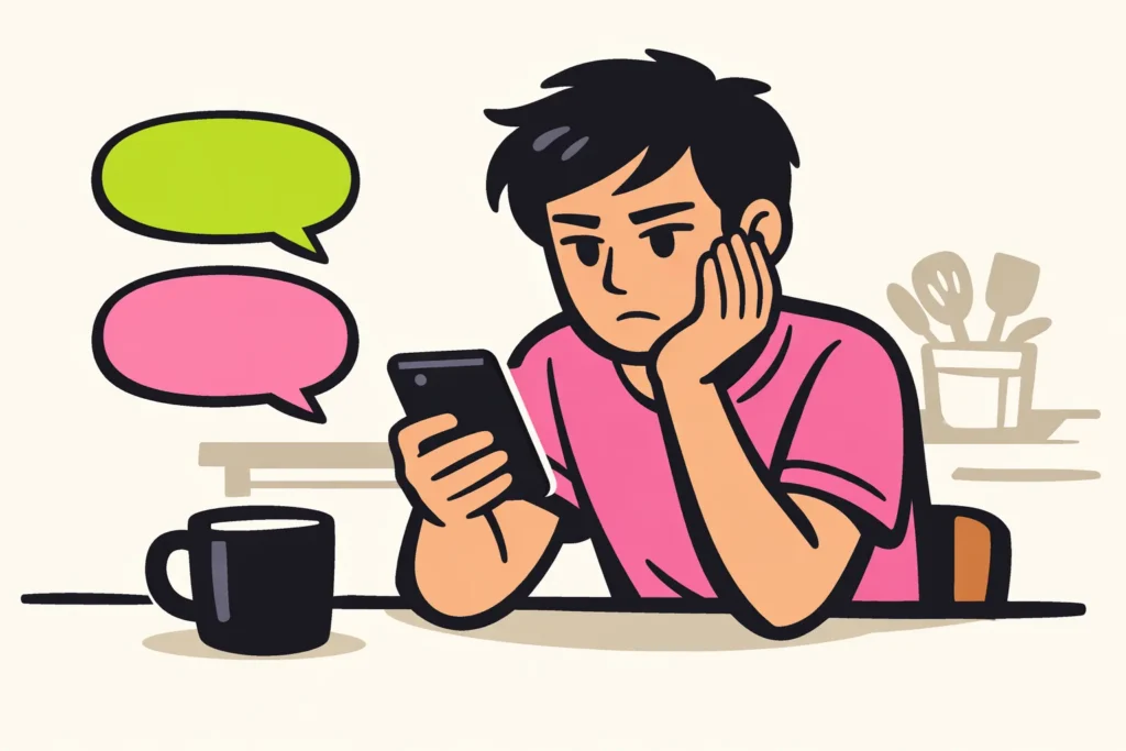Persoon aan een keukentafel controleert de telefoon omdat een privébericht niet lukt.