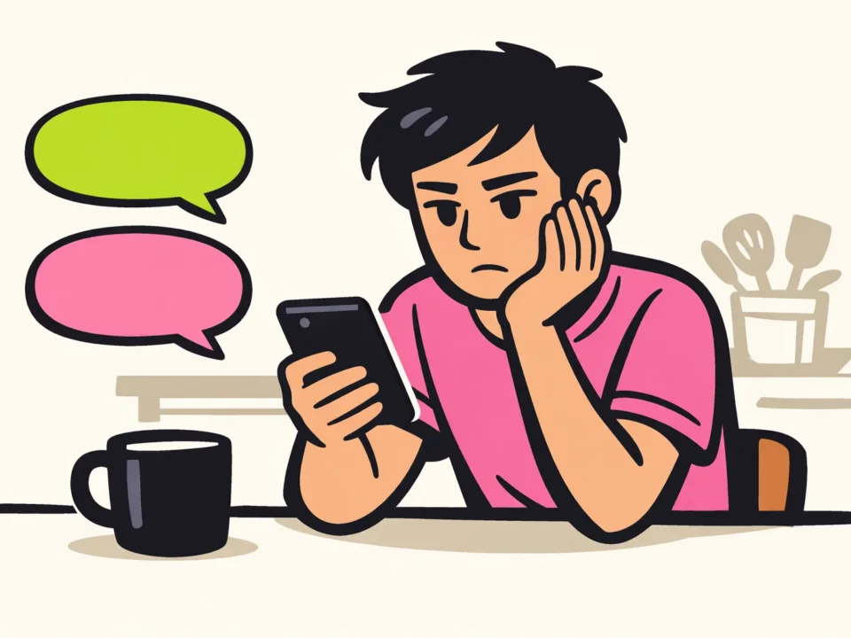 Persoon aan een keukentafel controleert de telefoon omdat een privébericht niet lukt.