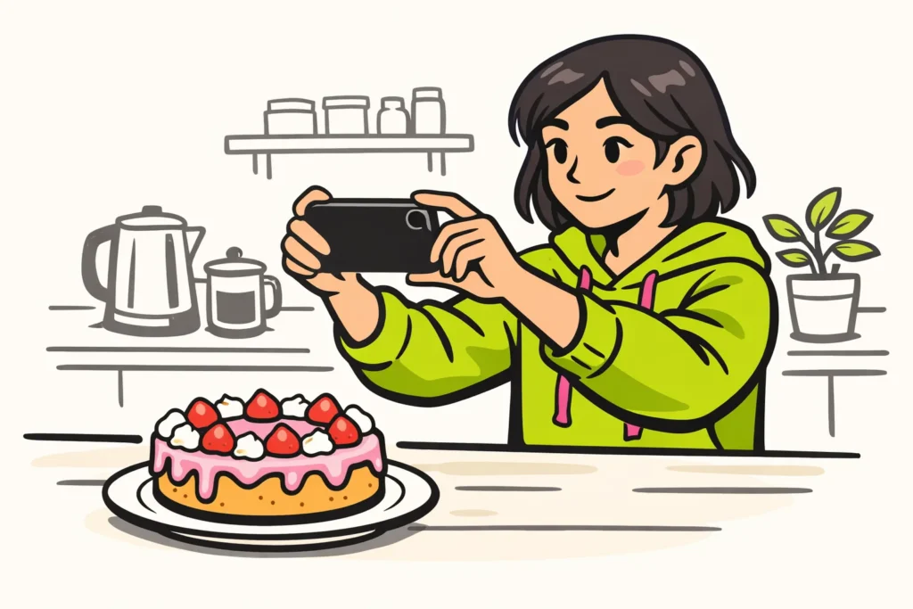 Persoon filmt een taart met een telefoon en neemt meer afstand om de hele taart in beeld te krijgen.