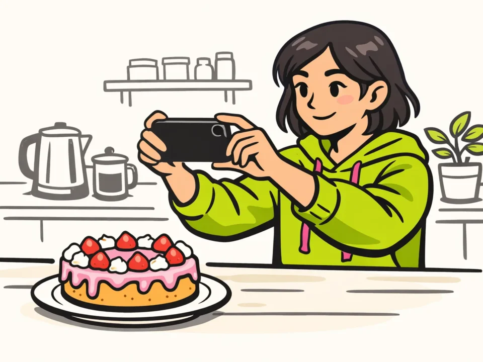Persoon filmt een taart met een telefoon en neemt meer afstand om de hele taart in beeld te krijgen.