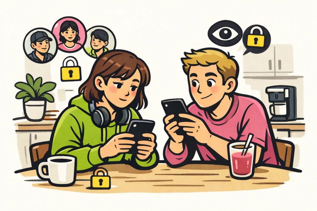 Persoon die met een vriend controleert of de TikTok volglijst zichtbaar is.