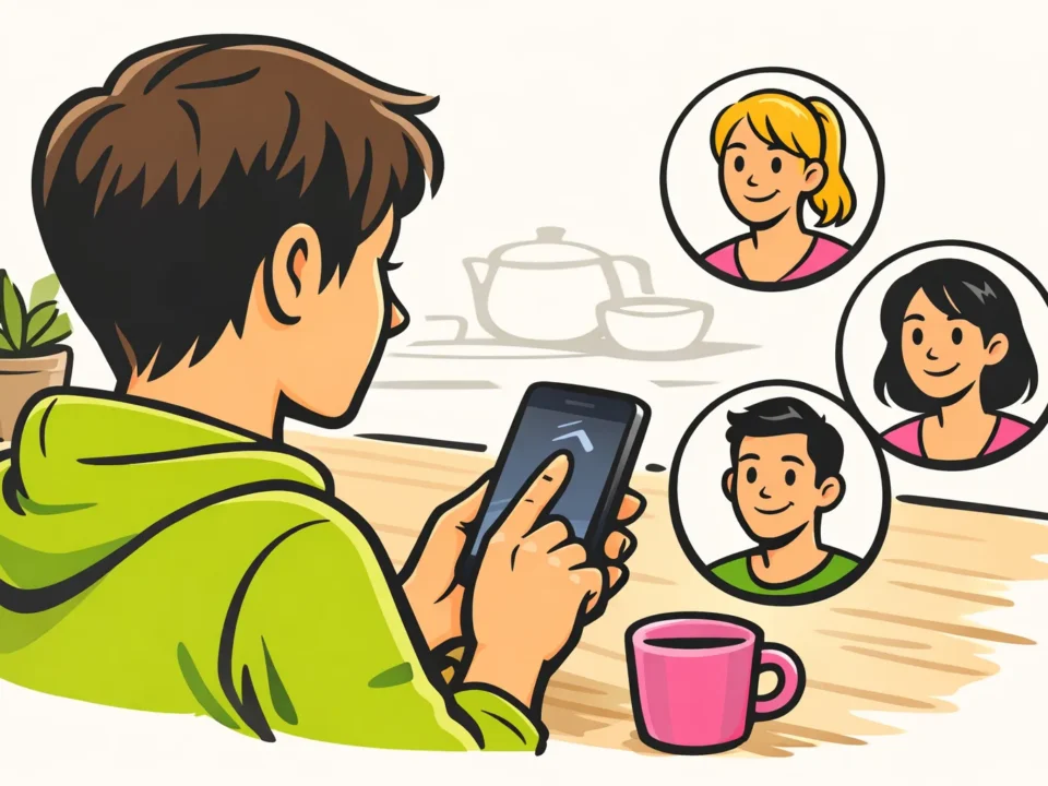 Persoon veegt omhoog op een smartphone, met kleine portretten die kijkers van een TikTok story voorstellen.