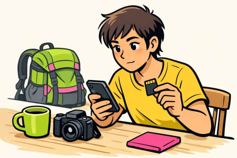 Persoon bekijkt een smartphone en houdt een geheugenkaart naast een camera om een eigen video te bewaren.