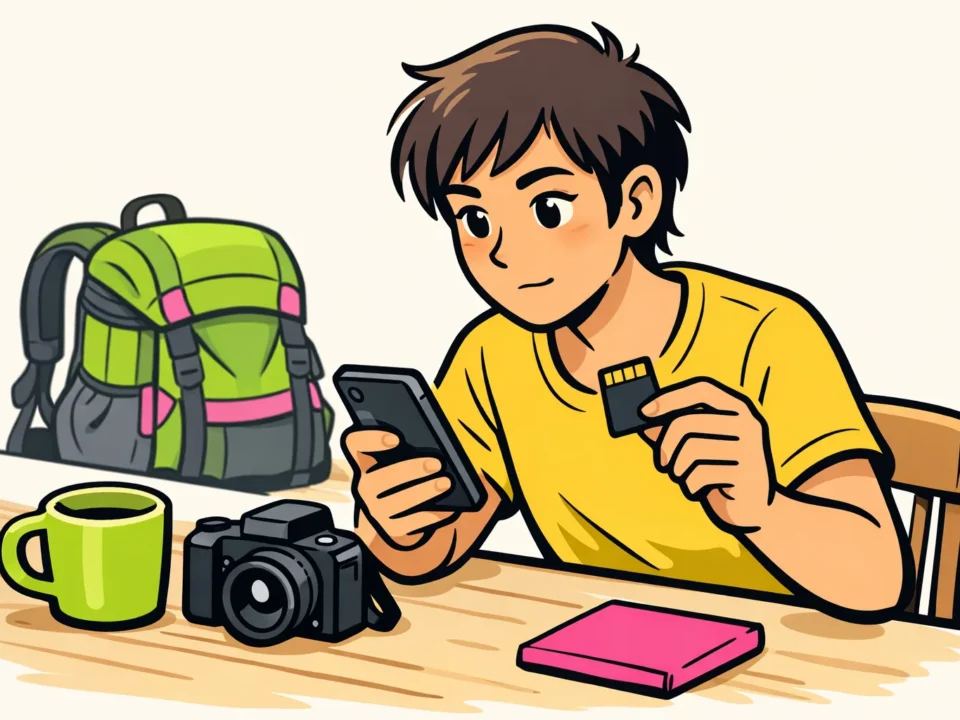 Persoon bekijkt een smartphone en houdt een geheugenkaart naast een camera om een eigen video te bewaren.